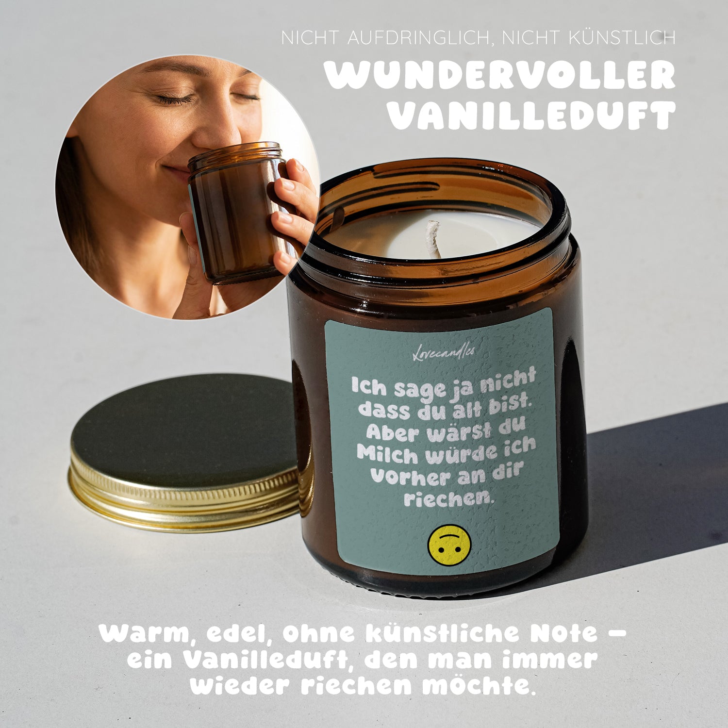 Ich sage ja nicht dass du alt bist. Aber wärst du Milch würde ich vorher an dir riechen - Duftkerze mit Spruch als Geschenk für Geburtstag, Männer und Frauen, Lustige Vanille Duftkerzen im Glas - Bild 4