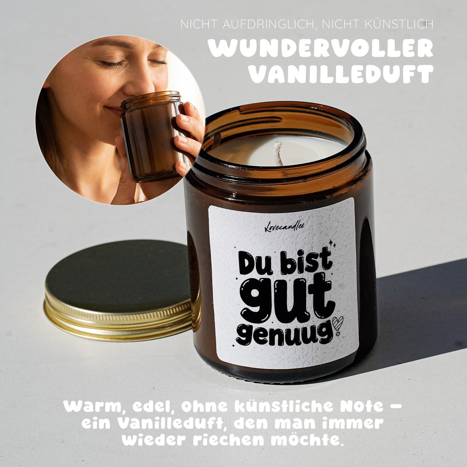 Du bist gut genug! - Duftkerze mit Spruch als Geschenk für Freundschaft, Dankeschön, Freundin, Freund, Lustige Vanille Duftkerzen im Glas - Bild 4
